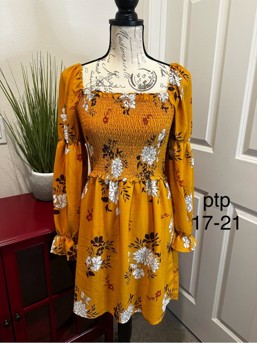 Inspired Hearts Mustard Floral Smocked Long-Sleeve Mini Dress